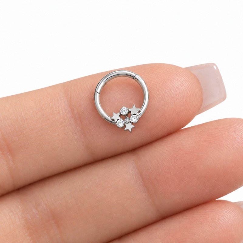 Piercing Luxo Daith - Argolinha Clicker em Titânio - com Estrelas e Zircônias - 6ORE836