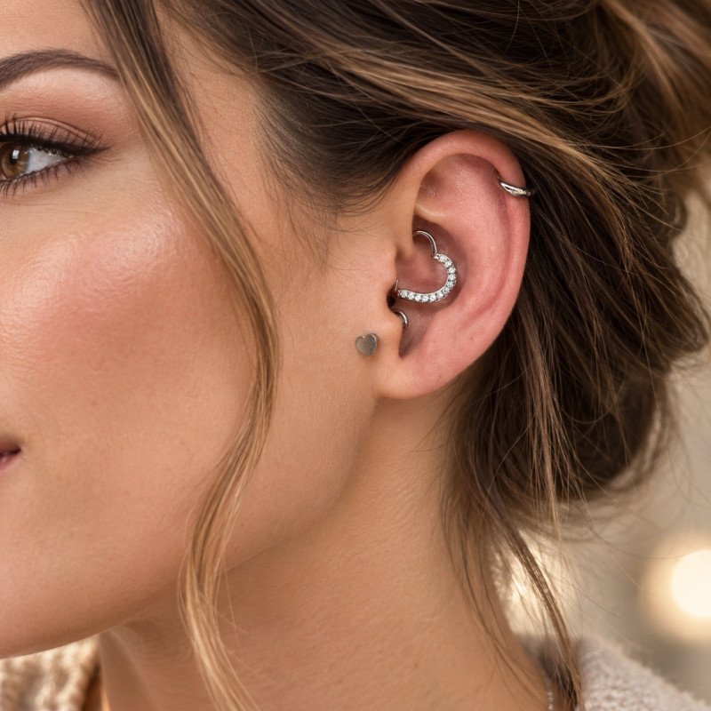Piercing  Daith ou Septo - Coração Clicker com Cristais - Titânio - 6ORE839