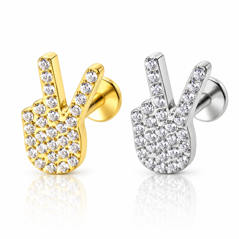 Piercing Labret de Orelha - Mãozinha Paz e Amor com Zircônias - 6ORE850