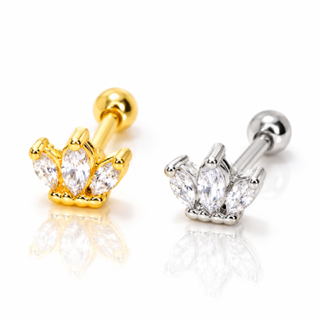 Piercing de Orelha em Aço Cirúrgico - Mini Coroa com Cristais -  Prateado ou Banhado a Ouro - 6ORE859