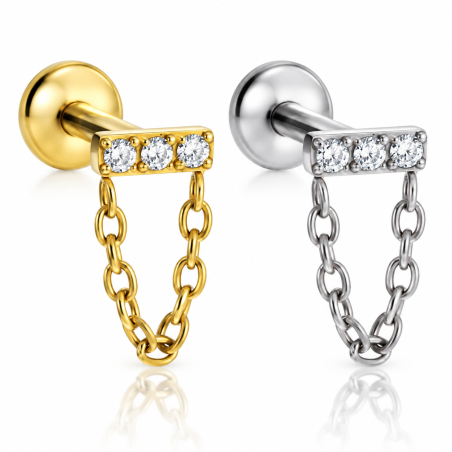Piercing Labret Barrinha com Corrente - 100% Titânio - Natural ou PVD Gold - 6ORE863