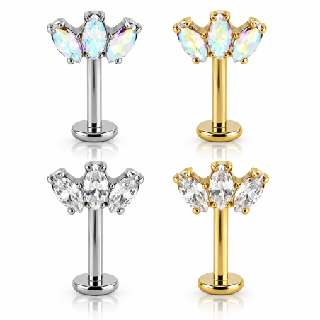 Piercing Labret Marquise Invertido em Titânio - 3 Pedras de Zircônias - 6ORE868