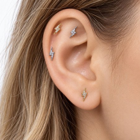 Piercing de Orelha em Aço Cirúrgico - Mini Raio com Cristais -  Prateado ou Banhado a Ouro - 6ORE874