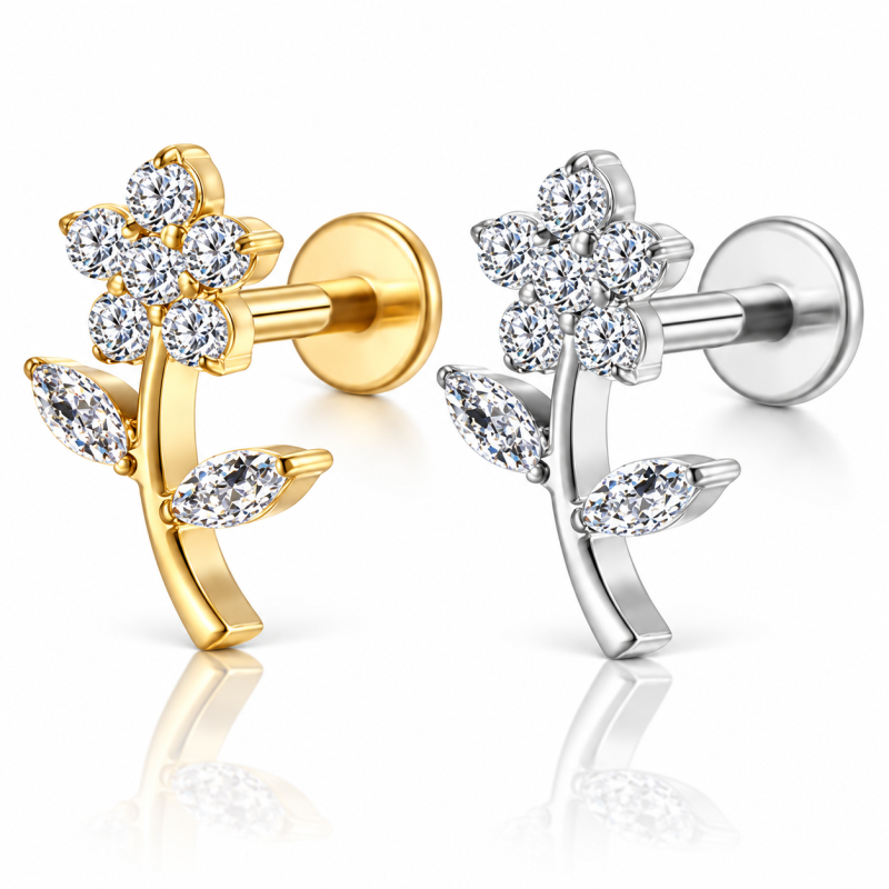 Piercing Labret em Titânio - Linha Luxo - Flor com Caule - 6ORE884