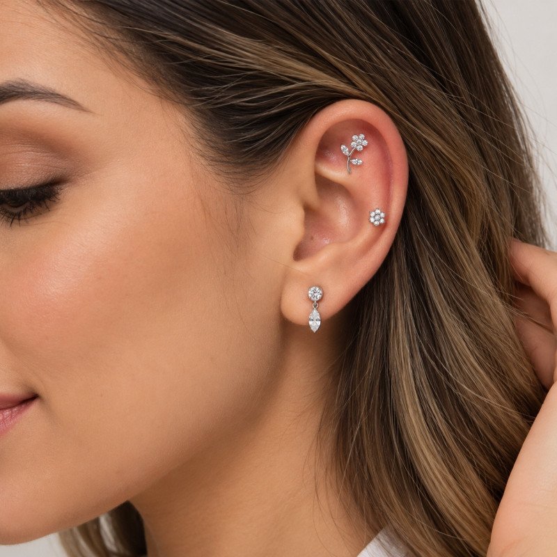 Piercing Labret em Titânio - Linha Luxo - Flor com Caule - 6ORE884