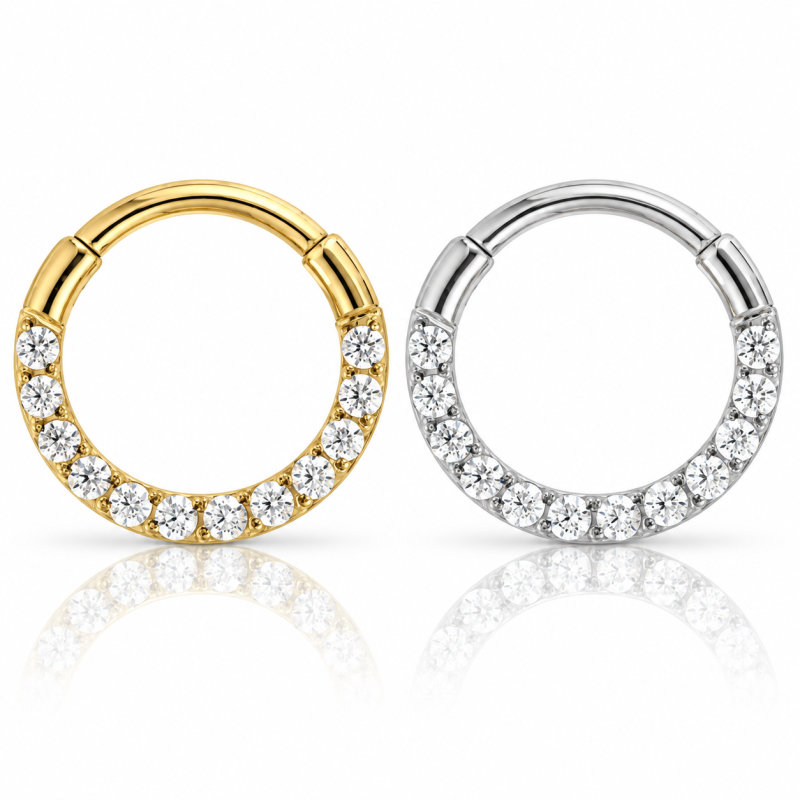 Piercing Daith ou Septo - Argolinha Clicker com Zircônias - Aço Cirúrgico - 6ORE889