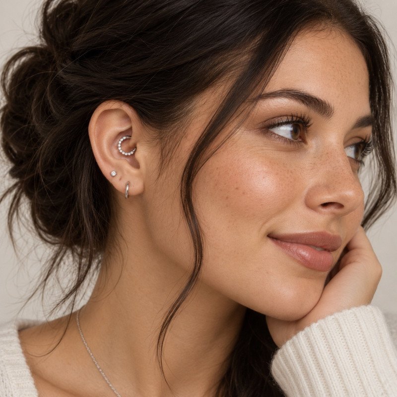 Piercing Daith ou Septo - Argolinha Clicker com Zircônias - Aço Cirúrgico - 6ORE889
