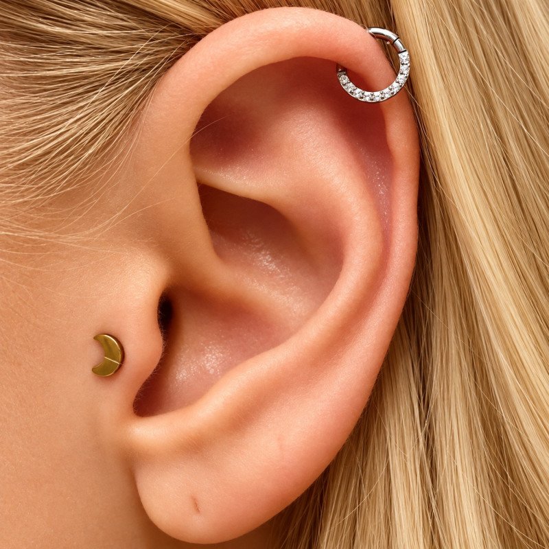 Piercing Daith ou Septo - Argolinha Clicker com Zircônias - Aço Cirúrgico - 6ORE889