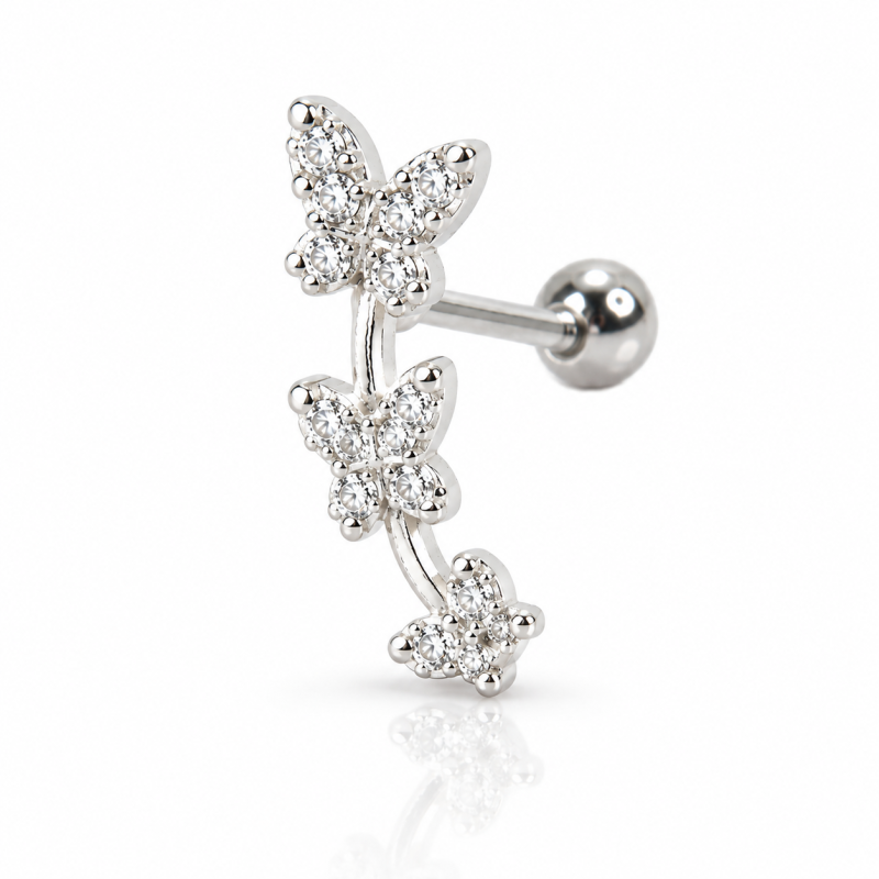 Piercing de Orelha - Cluster 3 Borboletas em Prata com Cristais - 6ORE893