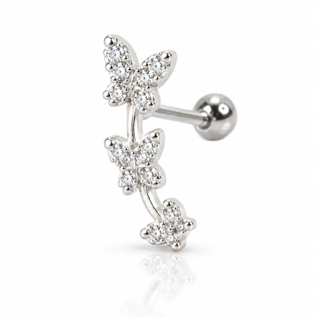 Piercing de Orelha - Cluster 3 Borboletas em Prata com Cristais - 6ORE893