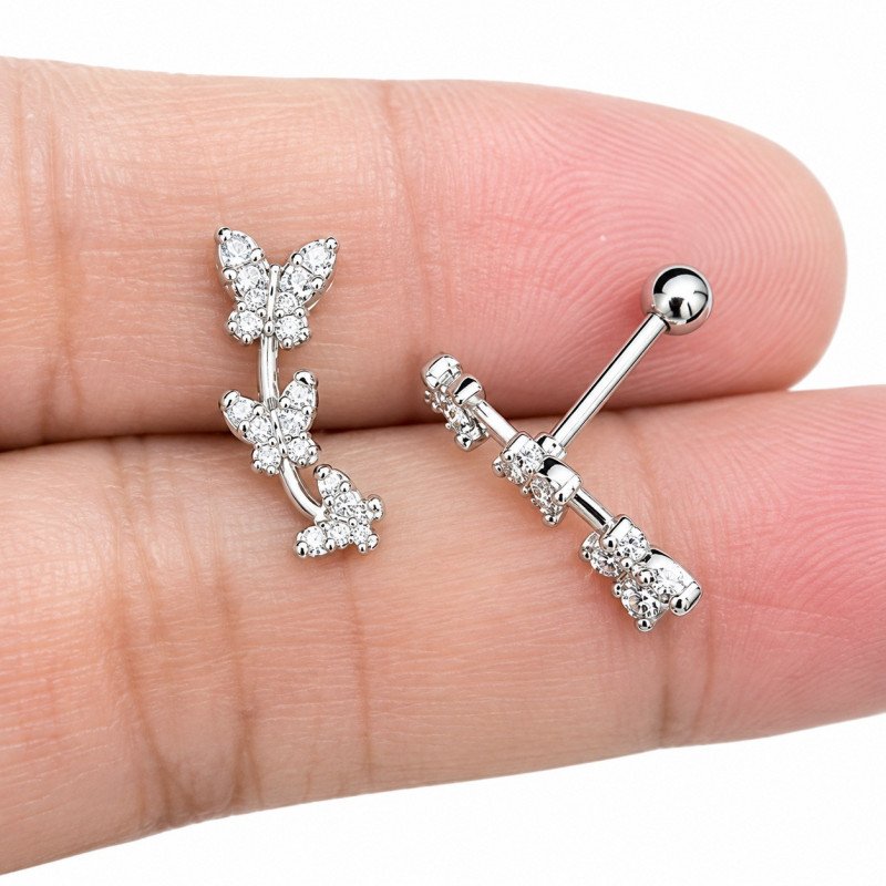 Piercing de Orelha - Cluster 3 Borboletas em Prata com Cristais - 6ORE893