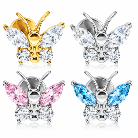 Piercing Labret em Titânio - Linha Luxo - Borboleta com Zircônias - Titânio - 6ORE901