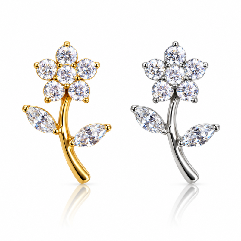 Piercing de Orelha - Flor com Caule com Zircônias - 6ORE944