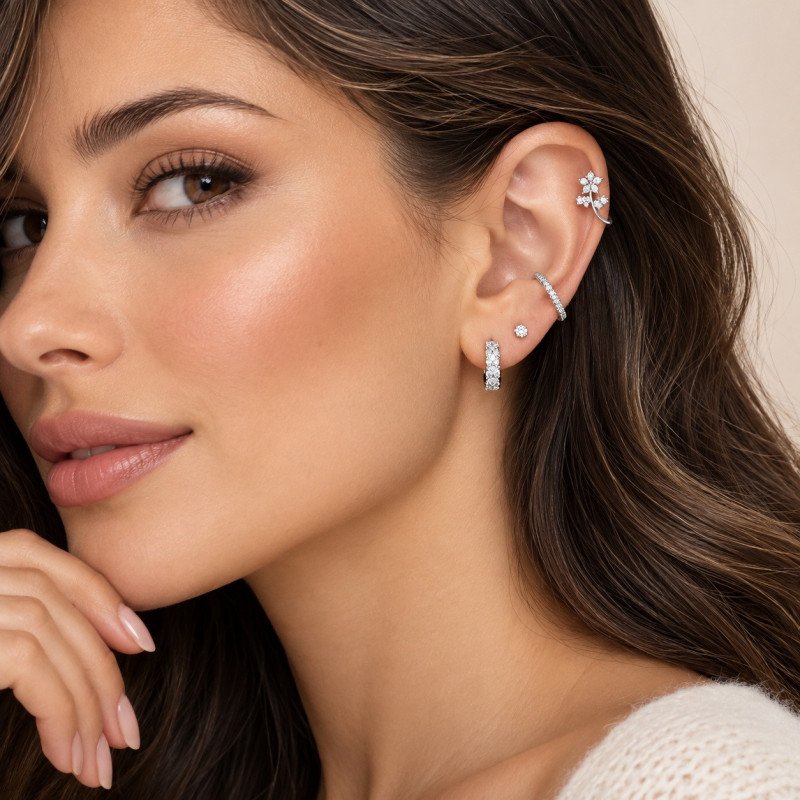 Piercing de Orelha - Flor com Caule com Zircônias - 6ORE944
