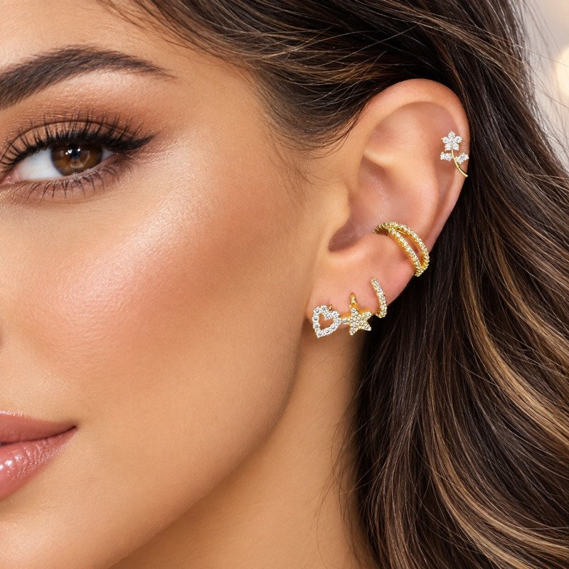 Piercing de Orelha - Flor com Caule com Zircônias - 6ORE944