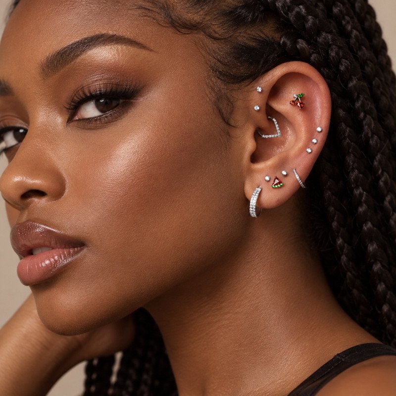 Piercing de Orelha - Labret Cerejinha com Zircônias em Titânio - 6ORE961