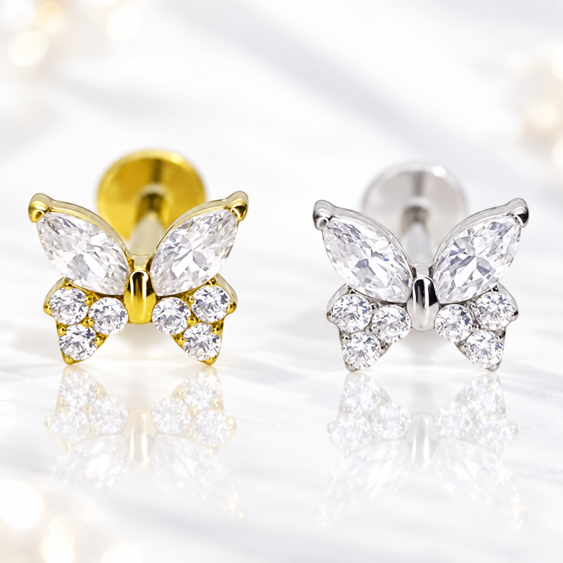 Piercing Labret Borboleta Trillion Luxuosa em Titânio - 6ORE964
