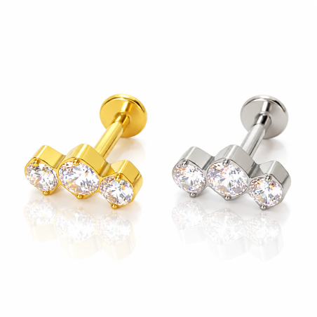 Piercing Labret Cluster 3 Zircônias em Aço Cirúrgico - Pin Push - 6ORE1010