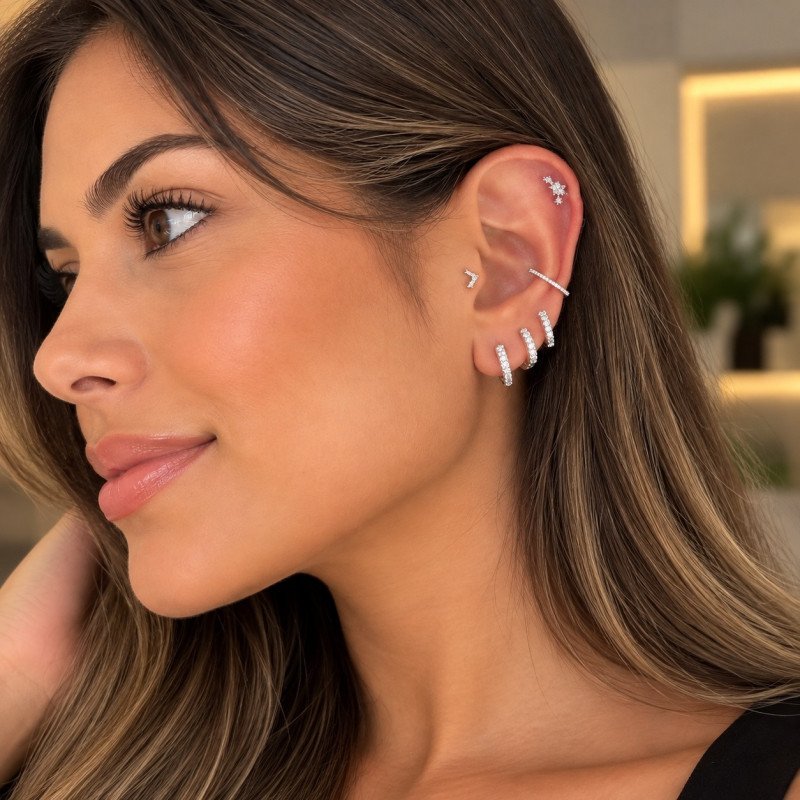 Piercing para Orelha - Cluster Flores em Prata 925 - 6ORE1011