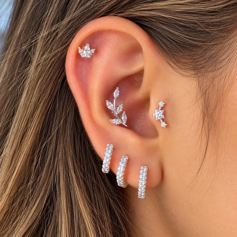 Piercing para Orelha - Cluster Flores em Prata 925 - 6ORE1011
