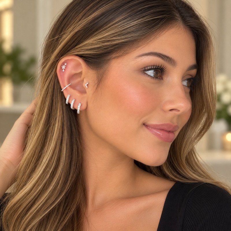 Piercing para Orelha - Cluster Flores em Prata 925 - 6ORE1011