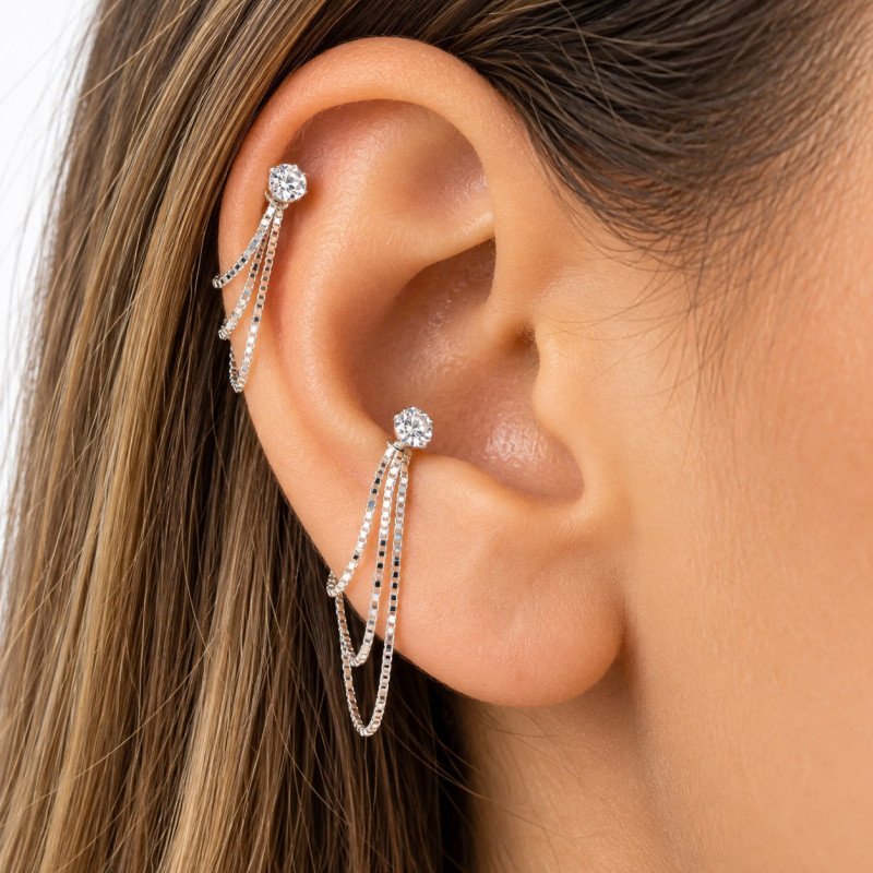 Piercing de Orelha Conch - Correntes de Prata com Pingente em Zircônia - 6ORE1016