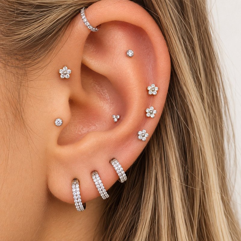 Piercing de Orelha - Labret Mini Flor Delicada com 5 Pétalas - Rosca Interna - 6ORE1020