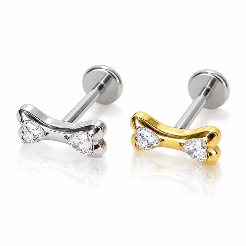 Piercing para Orelha Labret  - Mini Osso Cravejado - Titânio - 6ORE1032