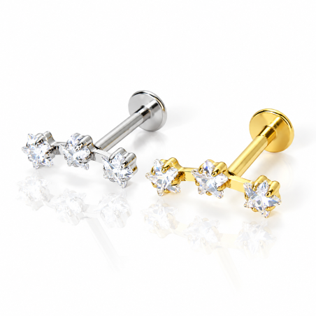 Piercing de Orelha - Labret Cluster Trio de Estrelas em Zircônias - Rosca Interna - 6ORE1034