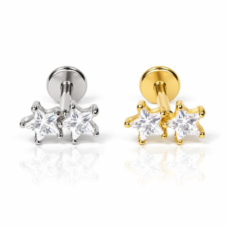 Piercing de Orelha - Labret Duas Estrelas com Zircônias - Rosca Interna - 6ORE1035