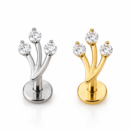 Piercing de Orelha - Labret Flor de Marquise com 3 Gemas - Rosca Interna - 6ORE1057