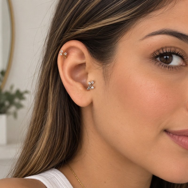 Piercing de Orelha - Labret Flor de Marquise com 3 Gemas - Rosca Interna - 6ORE1057