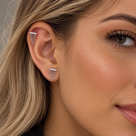 Piercing de Orelha -  Labret com Barra de Zircônias e Correntes Duplas - 6ORE1059