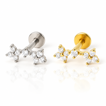 Piercing de Orelha - Mini Cluster 2 Florzinhas e 1 Cristal - 6ORE1063