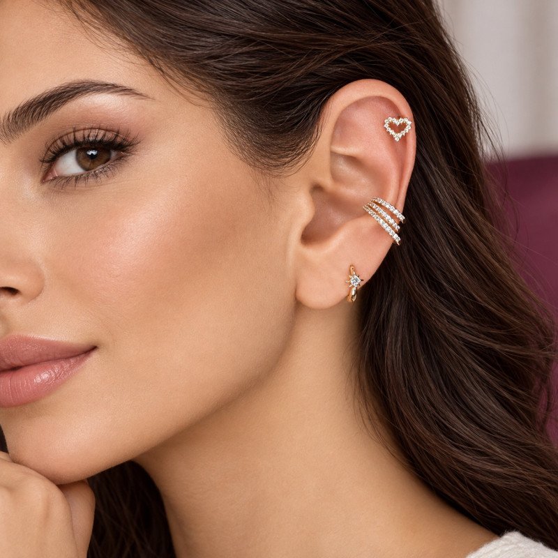 Piercing para Orelha - Labret Coração Cravejado de Zircônias em Aço Cirúrgico - 6ORE1097