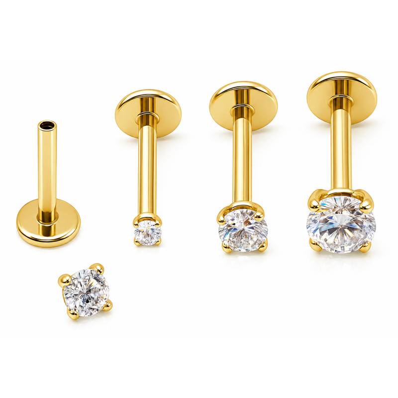 Piercing de Tragus em Aço Cirúrgico - PVD Gold - Ponto de Luz Zircônia - Rosca Interna - 7TRG108