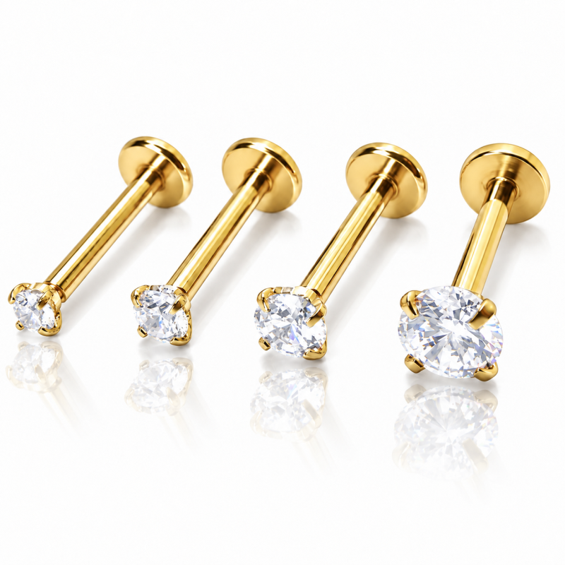 Piercing de Tragus em Aço Cirúrgico - PVD Gold - Ponto de Luz Zircônia - Rosca Interna - 7TRG108