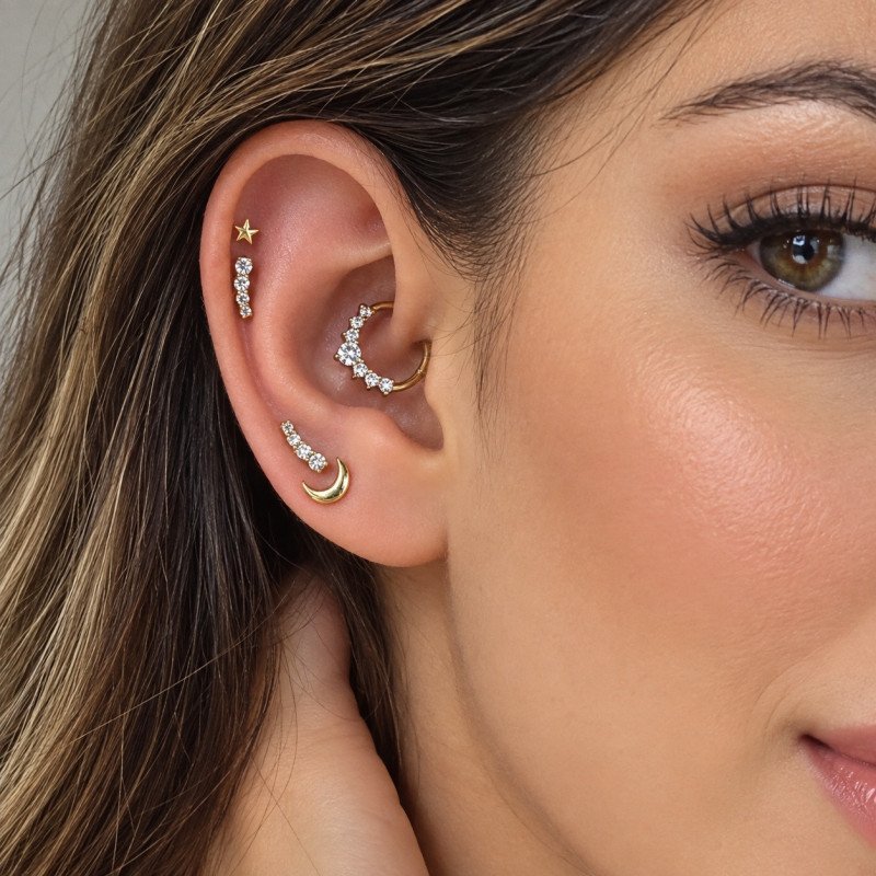 Piercing Labret Pin Push para Tragus / Orelha - Mini Cluster com 4 Zircônias - Cobalto Cromo - 7TRG116