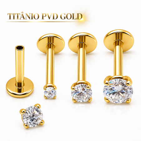 Piercing de Tragus em Titânio - Ponto de Luz Zircônia - Rosca Interna - PVD Gold - 7TRG122
