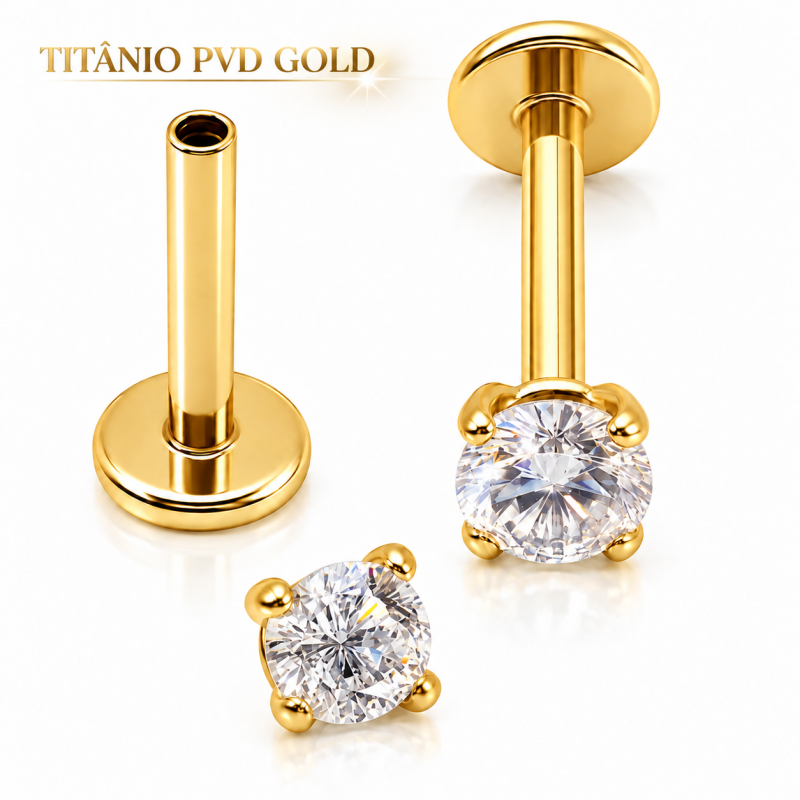 Piercing de Tragus em Titânio - Ponto de Luz Zircônia - Rosca Interna - PVD Gold - 7TRG122