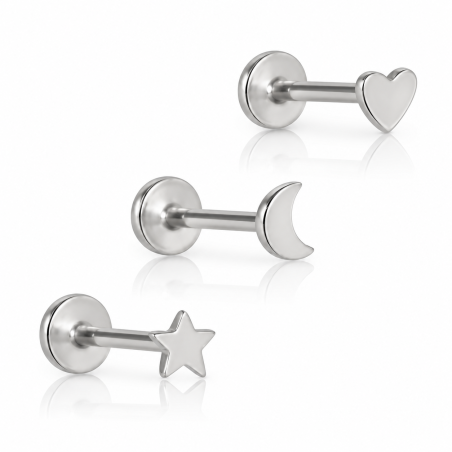 Piercing Labret em Titânio - Coração - Estrela - Lua - 7TRG131