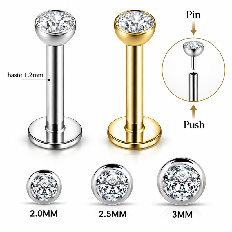 Piercing Australiano 1.2 em Titânio Natural ou PVD Gold - Pin Push Tragus ou Hélix - Ponto de Luz - 7TRG143