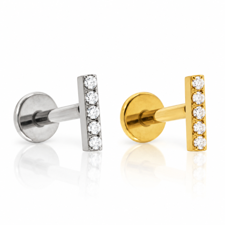 Piercing de Tragus Labret - Mini Barrinha com Zircônias  - Titânio PVD Gold - 7TRG170