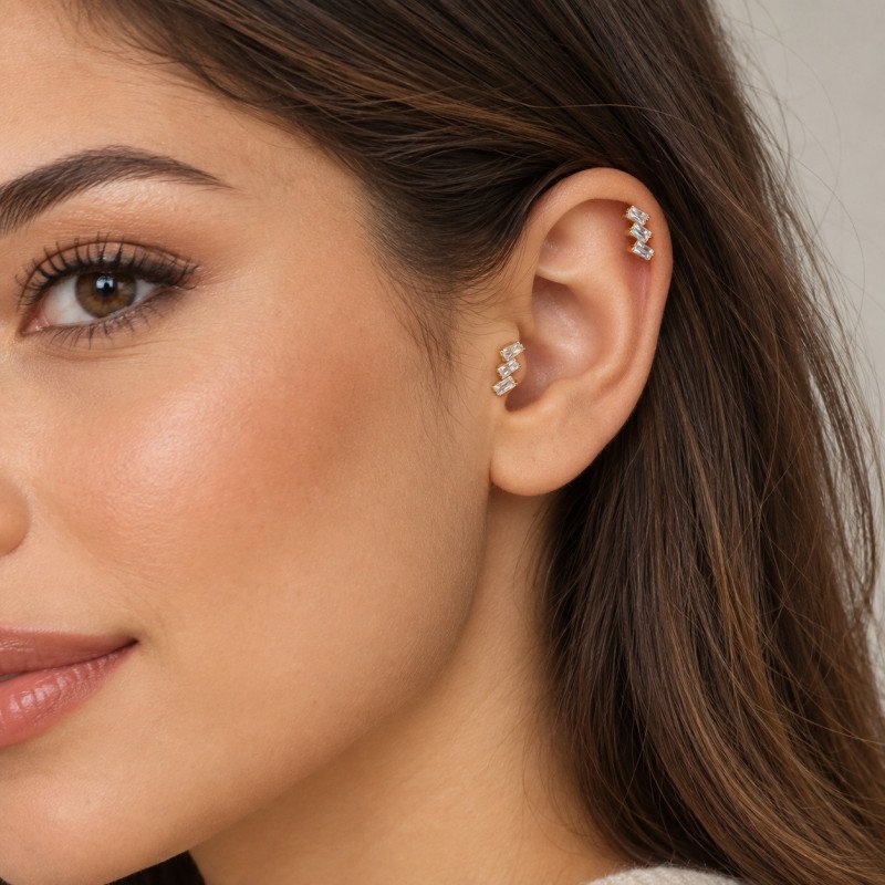Piercing para Orelha - Labret Baguete  em Titânio com Zircônias - 6ORE1105