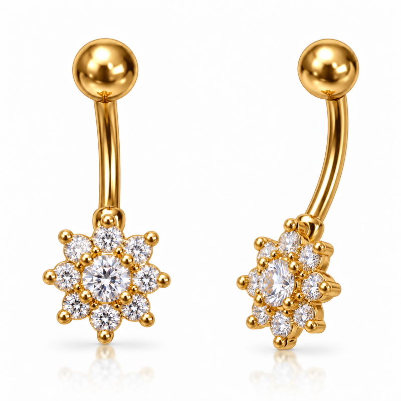 Piercing de Umbigo Dourado - Flor Cravejada de Cristais - 1FLO104