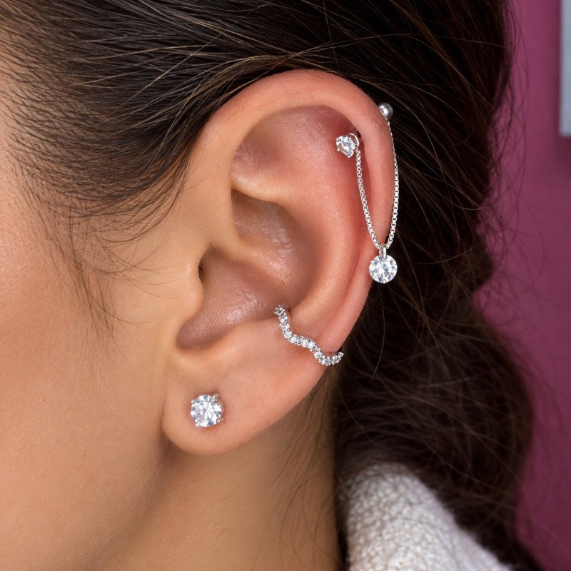 Piercing de Orelha Helix - Corrente de Prata com Pingente em Zircônia - 6ORE1108