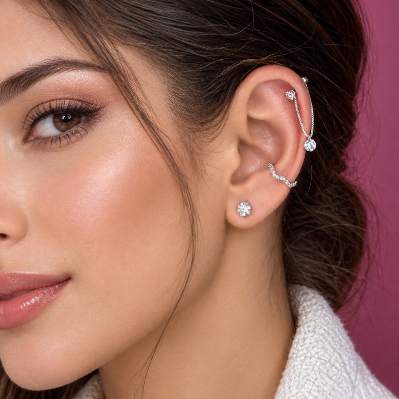 Piercing de Orelha Helix - Corrente de Prata com Pingente em Zircônia - 6ORE1108