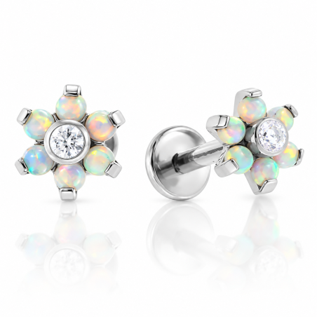 Piercing de Tragus em Titânio - Labret Florzinha Pedra Opala - Rosca Interna - 7TRG188