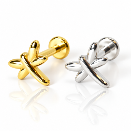 Piercing de Tragus em Aço Cirúrgico - Labret Libélula- PVD Gold - Rosca Interna - 7TRG193