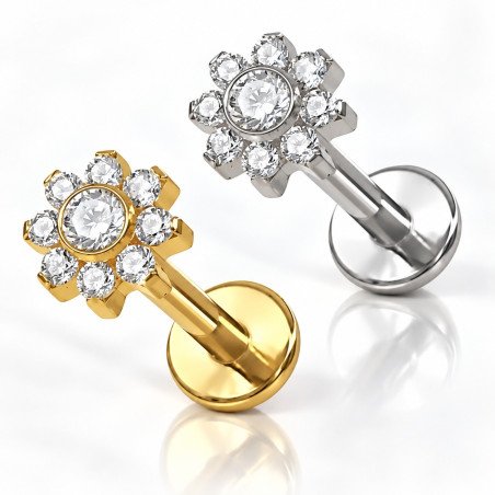 Piercing de Tragus em Aço Cirúrgico - Labret Flor - PVD Gold - Rosca Interna - 7TRG200